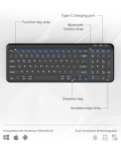 TECKNET Wireless Keyboard Bluetooth & 2.4G USB, Up to 4-Device Connection, USB C Rechargeable Battery, Quiet Typing, Compact Layout, 7° Ergonomic Tilt, Compatible with Windows/Android/iOS, Deep Back - color: Deep Black
