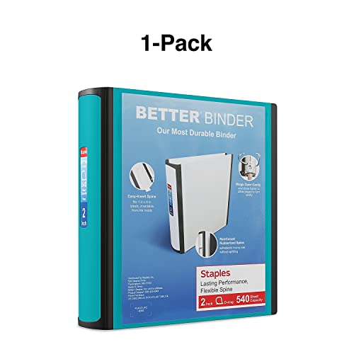 Staples Better Binder, 2" Heavy‑Duty D‑Ring 3‑Ring Binder, Teal, Reinforced Spine, 540‑Sheet Capacity, Durable Organizer for Office, School & Filing, 2‑Pack