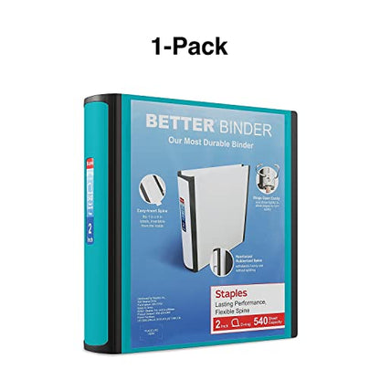 Staples Better Binder, 2" Heavy‑Duty D‑Ring 3‑Ring Binder, Teal, Reinforced Spine, 540‑Sheet Capacity, Durable Organizer for Office, School & Filing, 2‑Pack