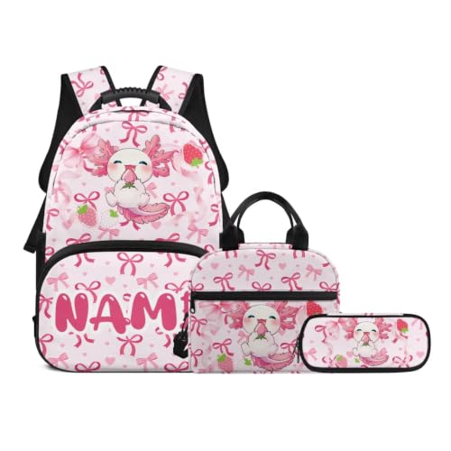 Custom Name Cute Girls Bookbag, Pink Ribbon Bow Axolotl Strawberry 3-Piece Matching Backpack Lunchbox Pouch for Little Kids, Personalized Student Supplies - color: Pink Bows-axolotl Strawberry Name