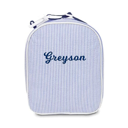 MT WORLD Personalized Lunch Bag Tote Custom Embroidery Name Reusable Seersucker Stripe Pattern Insulated Lunch Box - color: Blue