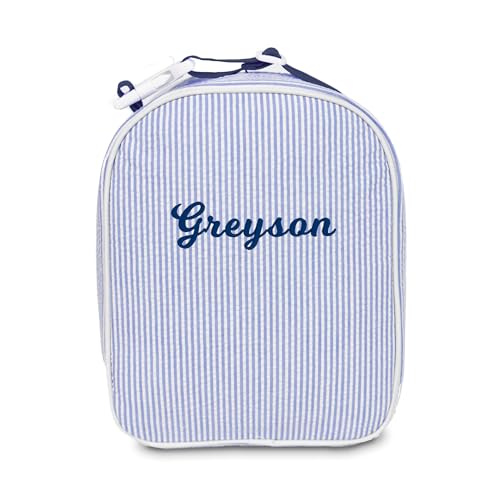 MT WORLD Personalized Lunch Bag Tote Custom Embroidery Name Reusable Seersucker Stripe Pattern Insulated Lunch Box - color: Blue