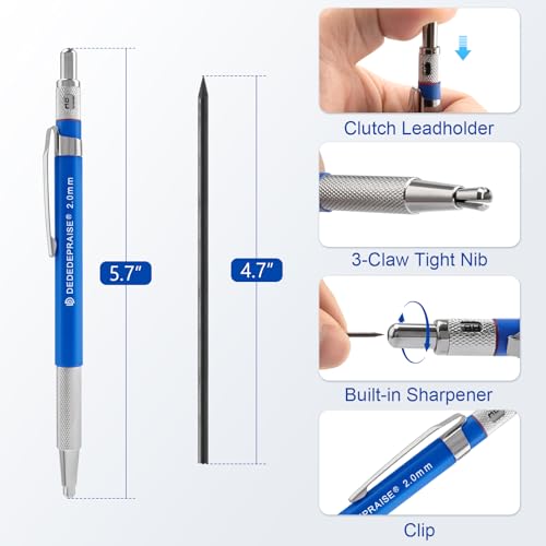2.0mm Mechanical Pencil Lead Holder with Clip 2.0mm Pencil Metal Mechanical Clutch with Built-in Sharpener Automatic Graphite Lead Pencil for Construction, Draft Drawing, Art Sketching 2PCS - color: 2.0mm Pencils - 2 pcs
