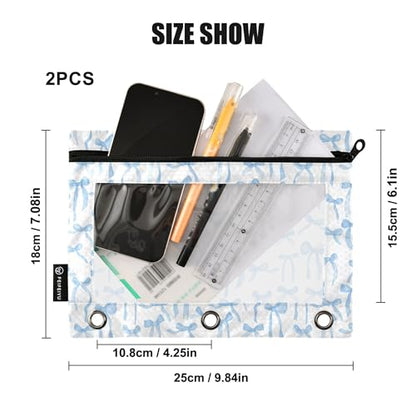 Wamika Bowknot Blue White Binder Pouches 3 Ring for Boys Girls School Office College Supplies Bow Ribbon Tie Pencil Pouches Case Bag with Clear Window and Zipper 2 pack - color: Blue bow