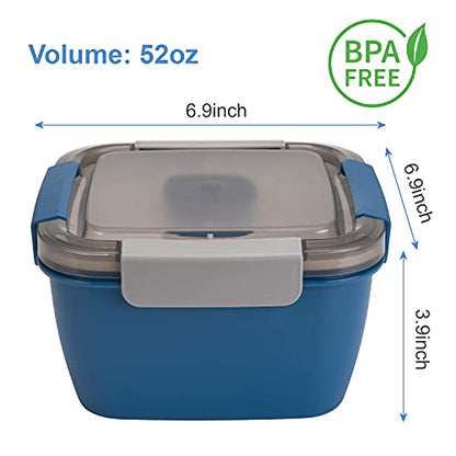 Freshmage Salad Lunch Containers To Go, 52 oz Bowls with 3 Compartments, Dressings Container for Toppings, Men, Women (Blue+Blue) - color: Blue+Blue