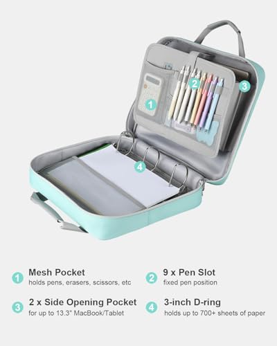 3 Inch Zipper Binder 3 Ring with Sturdy Shoulder Strap & Multi-Pocket, Binder with Zipper Holds Up to 700 Sheets for Office School, Compatible with 13” MacBook Laptop ipad(Light Blue) - color: Light Blue