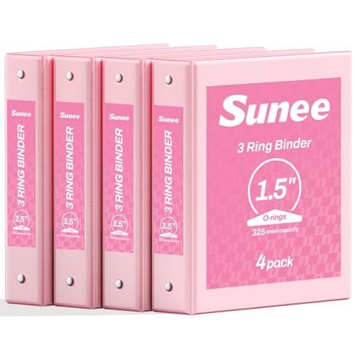 SUNEE 1.5 Inch Binders 3 Ring 4 Pack, Clear View 1 1/2 Inch Binders Three Ring PVC-Free (Fit 8.5x11 Inches) for School or Office Supplies, Pink - color: Pink, size: 1.5 Inch, style: 4 Pack