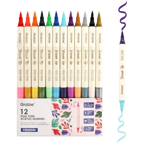 Grabie 24 Colors Acrylic Paint Markers, 12 Pack Dual Tip Soft Brush Acrylic Markers, Water-Based Paint Pens for Paper, Rock Painting, Wood, Glass, Canvas, DIY Craft Art Supplies for Adult & Kids - color: A.12Pcs-24Dual Tone Colors