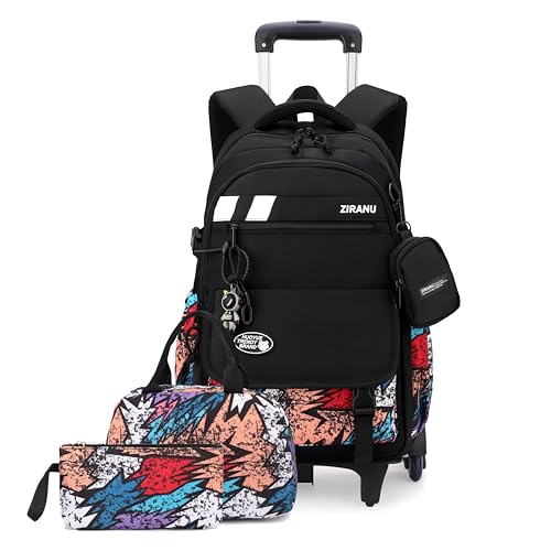 EKUIZAI 3PCS Boys Rolling Backpack for School Kids Wheeled School Bags with Wheels Trolley Roller Backpack for Teen Boys - color: 3pcs Graffiti Print, size: 3 Pieces (6 Wheels)