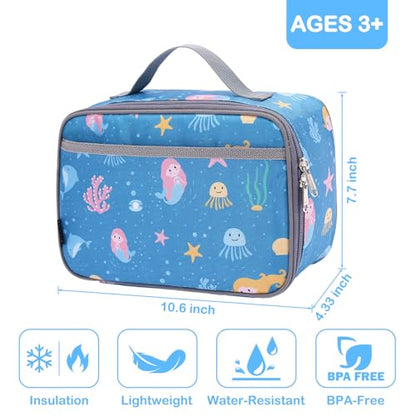 FlowFly Kids Lunch box Insulated Soft Bag Mini Cooler Back to School Thermal Meal Tote Kit for Girls, Boys, Mermaid - color: Mermaid1