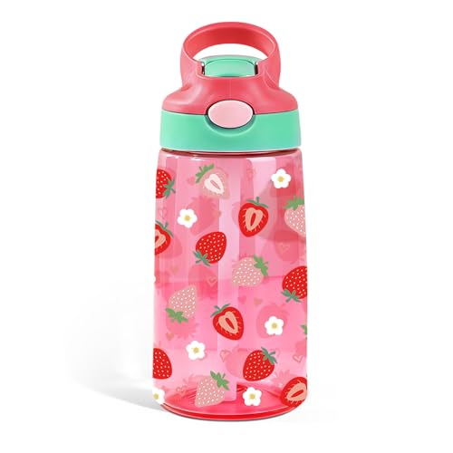 Strawberry 14oz Kids Water Bottle with Straw - Leakproof BPA-Free Plastic Pop-Up Spout, Reusable Leak Proof Travel Bottle for Outdoor Sports Gift Cup for Girls Women - color: Strawberry1