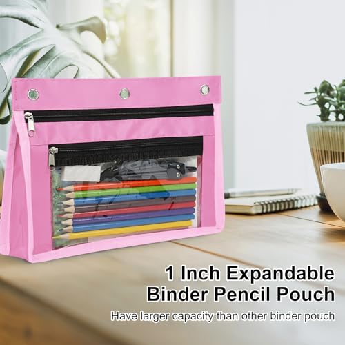 YoeeJob 18 Pack 1 Inch Expandable Zipper Pencil Pouches with Clear Window for 3 Ring Binder, Suitable for School & Office（Pink） - color: Pink