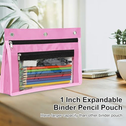 YoeeJob 18 Pack 1 Inch Expandable Zipper Pencil Pouches with Clear Window for 3 Ring Binder, Suitable for School & Office（Pink） - color: Pink