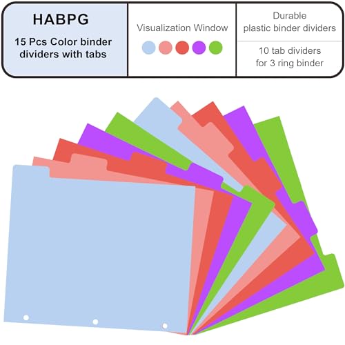 HABGP 15Pcs/3 Set 5 Tab Dividers for 3 Ring Binder, 15 Pcs Multicolor 3 Ring Binder Dividers with Tabs, Page Folder Dividers, Plastic Tabbed File Dividers with Tabs, Three Ring Binder Index Dividers - size: 3 set (15 pcs)