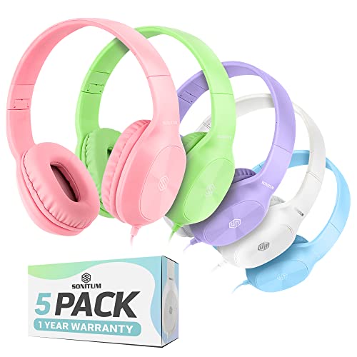 Sonitum Kids Headphones for School Bulk Set 5-Pack On-Ear, 3.5mm, Wired Headphones for Schools & Libraries – Adjustable, Cushioned Wired Kids, (Mixed Colors) - color: Mixed Color