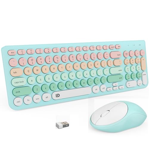 FD Wireless Keyboards and Mouse Combo - 2.4GHz USB Cordless, Cute Wireless Keyboard Round Keys, Quiet and Slim Set for Laptop, Computer, TV and Mac - Blue Pale Green Colorful - color: IK6632 Pale Green Colorful