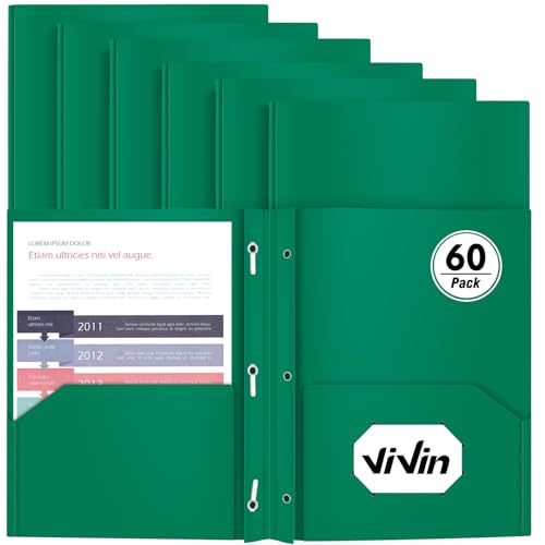 Heavy Duty Plastic Folder, 60 Pack, Pocket Folder with brads, Letter Size Poly File, Plastic Folders with 3 Prongs Fasteners - Green - color: Green, size: 60 PACK