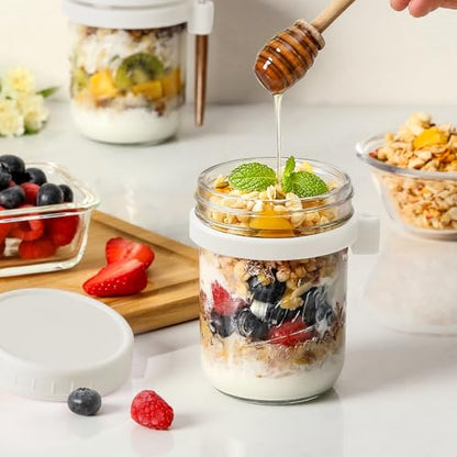 LANDNEOO 4 Pack Overnight Oats Containers with Lids and Spoons, 16 oz Glass Mason Jars with Airtight Lids, Overnight Oats Jars for Milk, Cereal, Fruit-White - color: White