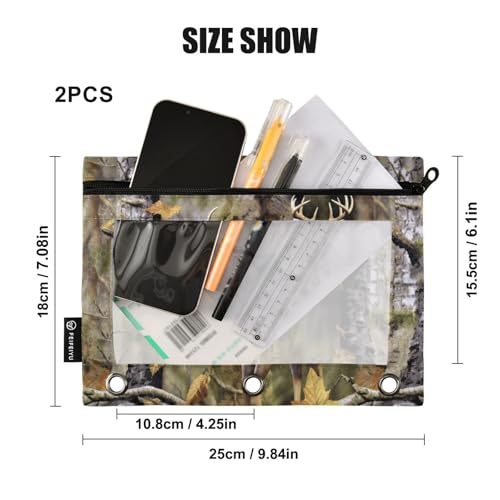 Camo Deer Hunting Pencil Pouches for 3 Ring Binder, Zipper Binder Pencil Case, 2 Pack Clear Window Case Bag for Office Organizers - color: Camo Deer Hunting