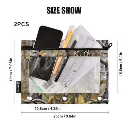 Camo Deer Hunting Pencil Pouches for 3 Ring Binder, Zipper Binder Pencil Case, 2 Pack Clear Window Case Bag for Office Organizers - color: Camo Deer Hunting