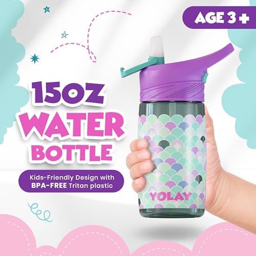 YOLAY 15oz Kids Water Bottle For School Boys and Girls, Durable Toddler Water Bottle with Straw Lid Leak-Proof, Spill Proof, Easy Clean and Dishwasher Safe with Re-Usable and BPA Free - Scallop - color: Scallop