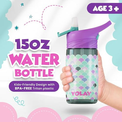 YOLAY 15oz Kids Water Bottle For School Boys and Girls, Durable Toddler Water Bottle with Straw Lid Leak-Proof, Spill Proof, Easy Clean and Dishwasher Safe with Re-Usable and BPA Free - Scallop - color: Scallop