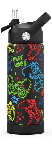 Boys Water Bottle with Straw,18 oz Kids Insulated Cups with Stainless Steel Leak Proof for School,Sport&Travel（Game） - color: A16.Graffitig-Game