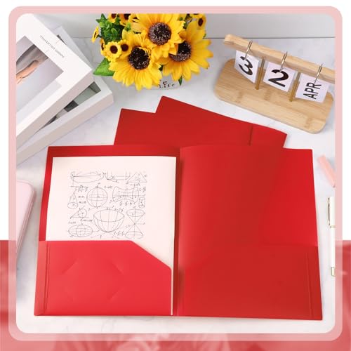 Gueevin 100 Pack Plastic Folder with Pockets, 2 Pocket Folders, Plastic Glossy Folders Fit Letter Size Paper, Heavy Duty Durable File Folder with Business Card for Home Office School (Red) - color: Red