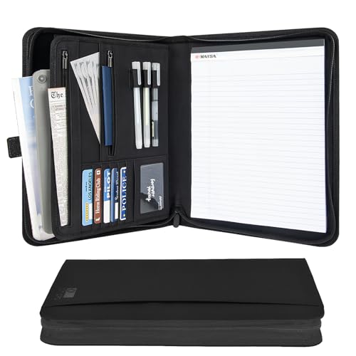 Premium Vegan Leather Padfolio 8.5"x11" Zipper Business Organizer for Legal Pads Black | PU leather portfolio with storage pockets, fits iPads/legal pads/A4 paper, durable for office, ideal business gift - color: Black
