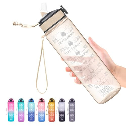 Hyeta Water Bottle with Straw & Time Marker, Plastic 32oz Leakproof | Motivational Tritan BPA Free Gym Office Outdoor Intake Tracker Hourly Reminder Straw Lid Carry Strap - color: Clear Amber