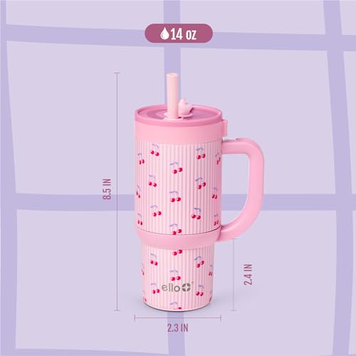 Ello Oasis 14oz Stainless Steel Toddler Tumbler with Handle & Retracting Straw, 100% Leakproof, Double-Wall Vacuum Insulated, Kids Water Bottle for School, BPA Free, Dishwasher Safe, Preppy Cherries - color: Preppy Cherries, size: 14 Ounces