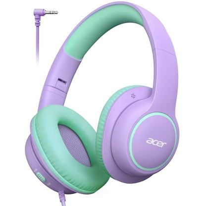 Acer Kids Headphones Wired for School - Over Ear Design, 85/94dB Safe Volume Limit, 3.5mm Jack Foldable Headphones for Toddler Boys Girls Classroom Yoto Player Chromebook Travel Purple Green - color: Purple Green