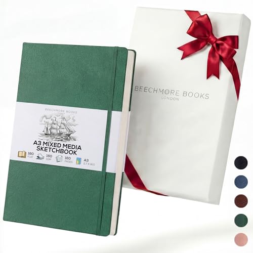 Beechmore Books A3 Mixed Media Sketchbook - 11.7x16.5 Extra Large Professional Studio Drawing Pad, 160 GSM / 98 lb Perforated Ivory Paper, Hardcover Lay-Flat Design, Gift Box for Artists & Watercolor - color: Dartmouth Green, size: A3 - 11.7" x 16.5" Extr
