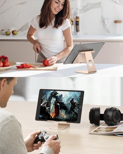 OMOTON T1 Adjustable Tablet Stand for Desk, Aluminum Holder for iPad Gold | Solid Metal Build | Charging Cutout | Anti-Slip Silicone Pads | Multi-Angle Adjustable | Fits 3.5-12.9" | Holds Thick Cases - color: Gold