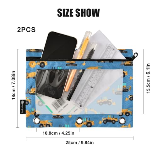 Excavator Concrete Mixer Pencil Pouch for 3 Ring Binder, Binder Pencil Pouches with Clear Window Zipper Pencil Case for Office College Supplies, 2PCS (B0308) - color: B0308