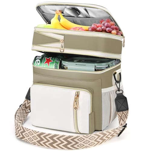 LOKASS Lunch Box for Women/Men-16L-Insulated Lunch Bag, Expandable Double-layer Leakproof Cooler Bag with Upgrade Adjustable Shoulder Strap Ideal for Work/Travel/Picnics（Beige&White） - color: Beige