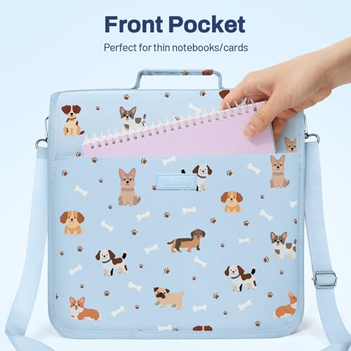 SUNEE Zipper Binder 3 Ring, 3 Inch O-Ring with Handle and Shoulder Strap, 600-Sheet Capacity, 5-Tab Expanding File Folder, Multi-Pockets for Middle School Organizer Binder with Zipper, Blue Dog - color: Blue Dog