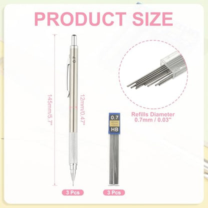 PATIKIL 0.7 mm Mechanical Pencil Set with Lead Refills, Metal Drafting Pencil Artist Lead Holder for Drawing Writing Sketching Marking Art, Silver