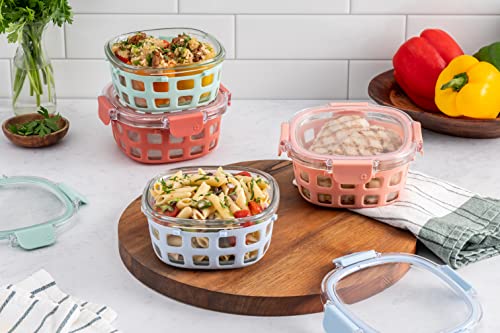 Ello Duraglass 3.4 Cup Round Meal Prep Sets 10Pc, 5 Pack Set- Glass Food Storage Container with Silicone Sleeve and Airtight BPA-Free Plastic Lids, Dishwasher, Microwave, and Freezer Safe, Melon - color: Melon Rounds