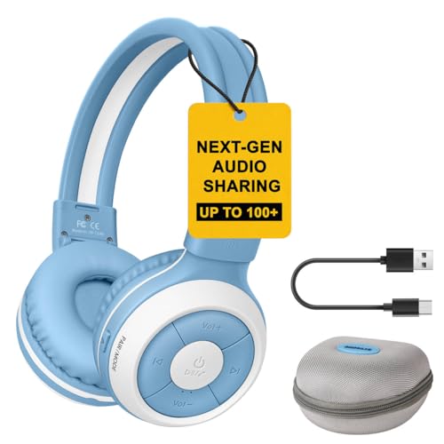 SIMOLIO Wireless Headphones for Kids with Case & Mic, Audio Sharing JH714 | Manyshare Series, Wireless Audio Sharing for Group Listening, Auracast-Enabled Headphones, Foldable Over-Ear Design for Music - color: Sky Blue