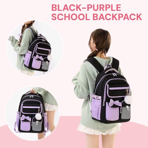 Girls Backpack School Bags Kids Elementary School Backpack for Girls Teens Cute Childrens Bookbags Casual Back Packs, Black Purple - color: Black-purple