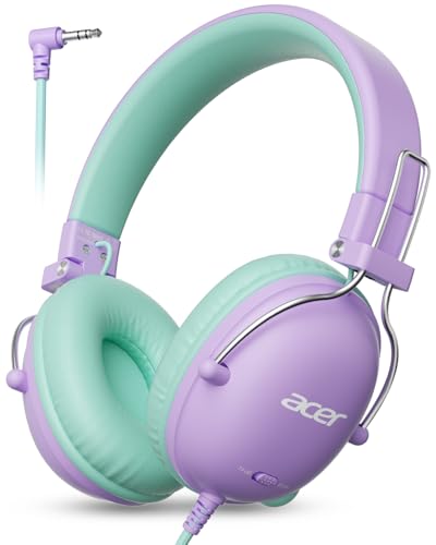 Acer Kids Headphones for School, 74/85dB Safe Volume,Kids Headphones with Cord, 3.5mm Jack, Stereo Sound Wired On-Ear Headphones for Airplane Travel, Boys Girls, Chromebook,Kids Tablet, Purple Green - color: Purple Green