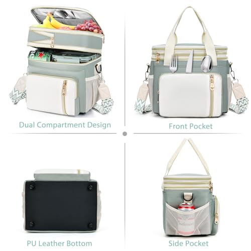 LOKASS Lunch Box & Lunch Bag for Women Men Double Deck,Large Insulated Adult Lunch Box Leakproof Lunchbox Cooler Bag for Work Picnic Beach,（Olive Green16L） - color: Olive Green