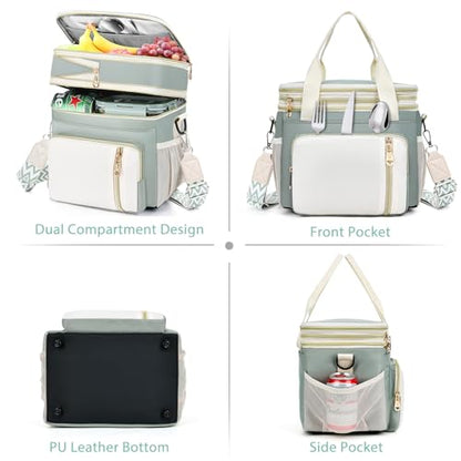 LOKASS Lunch Box & Lunch Bag for Women Men Double Deck,Large Insulated Adult Lunch Box Leakproof Lunchbox Cooler Bag for Work Picnic Beach,（Olive Green16L） - color: Olive Green
