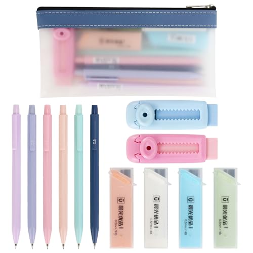 Mechanical Pencil Set - 6PCS 0.5mm Cute Pastel Mechanical Pencils, 2Push-Pull Retractable Eraser with 80PCS HB 0.5 Lead Refill and Clear Zipper bag Pencil Kit for Art, Drawing Pencils for Sketching - color: Pink