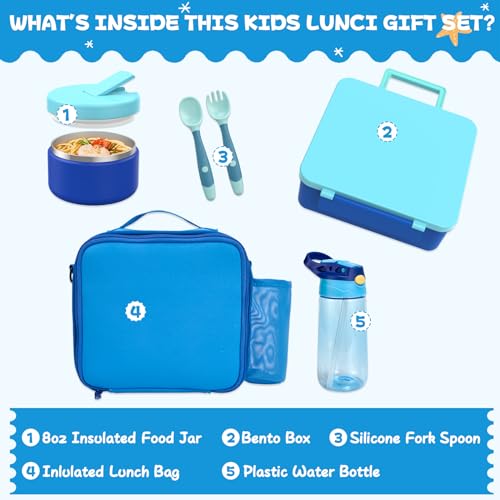 Kids Bento Lunch Box with 8oz Soup Thermo, Water Bottle, Kids Leakproof Lunch Food Containers with 4 Compartment, Insulated Hot Food Jar with Lunch Bag for School, Trvael (Blue) - color: Blue