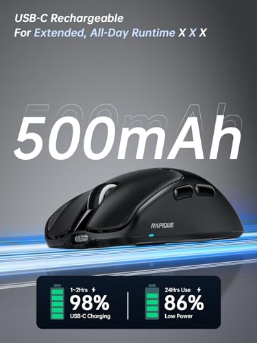 RAPIQUE Wireless Mouse, 53g Ultra-Light, Bluetooth 5.1 & 2.4GHz Dual Mode, USB-C Rechargeable, Silent Click, 3 DPI Levels, Side Buttons, for Laptop, PC, MacBook - color: Black