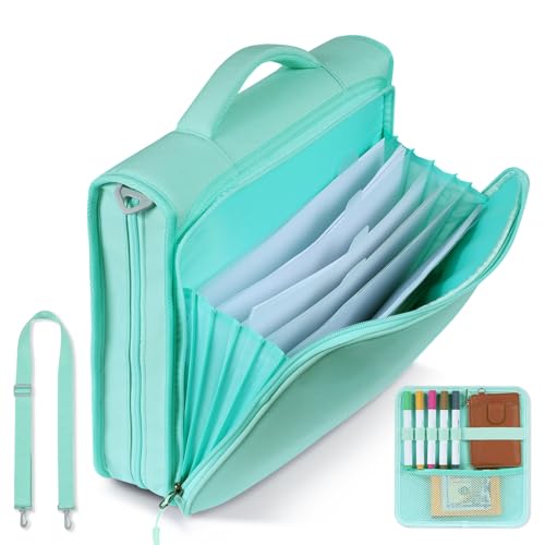 2 Inch 3 Ring Zipper Binder with Multi-Pocket, 6-Tab Expandable File Folder, Fits 14” Laptop, Zipper Bag Fits 500 Sheet Capacity with Handle & Shoulder Strap(Green) - color: Green