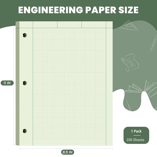 Engineering Paper 8.5 x 11, 100 Sheets Top Glue Binding Engineering Notebook, 5x5 Quad Ruled Graph Paper, 3-Hole Punched Engineering Computation Pad 8.5 x 11, Green Tint Engineering Paper Notebook - style: 1 Pack - 100 Sheets
