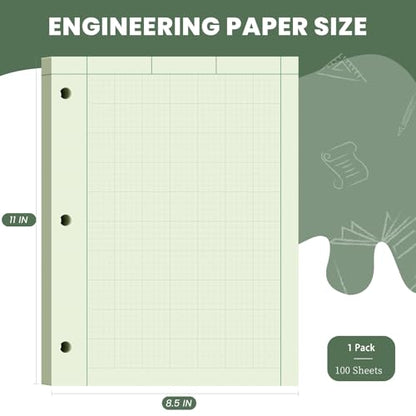 Engineering Paper 8.5 x 11, 100 Sheets Top Glue Binding Engineering Notebook, 5x5 Quad Ruled Graph Paper, 3-Hole Punched Engineering Computation Pad 8.5 x 11, Green Tint Engineering Paper Notebook - style: 1 Pack - 100 Sheets